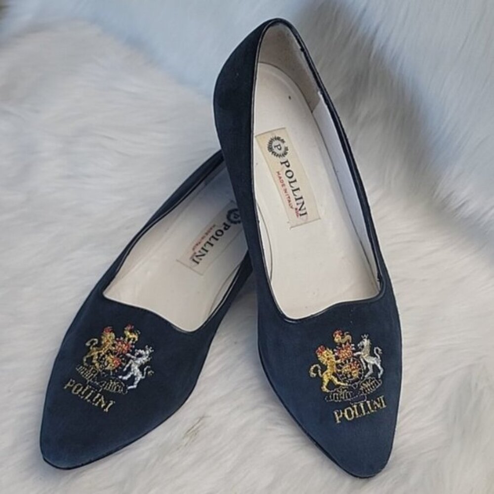 POLLINI Old Money Navy Blue Suede Embroidered Crest Preppy Rare Loafer Flats 7